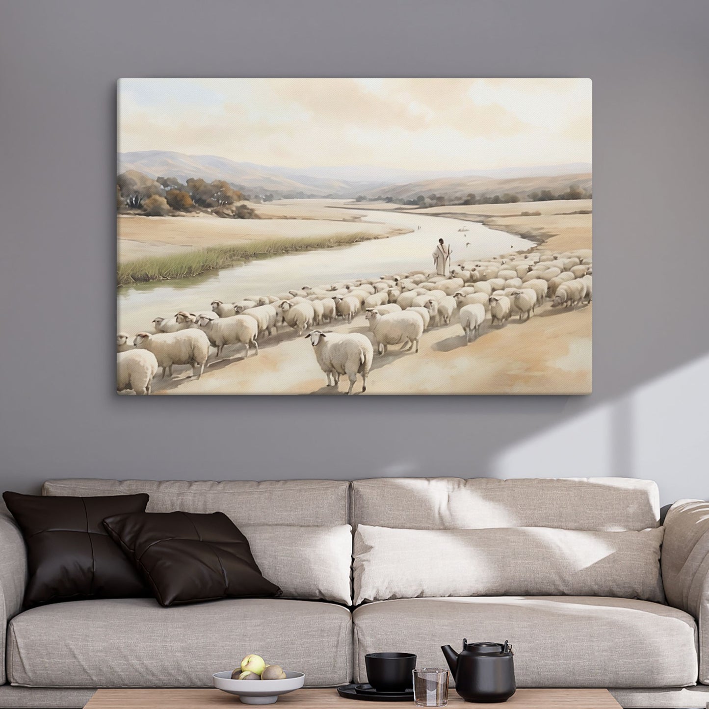 Jesus der Gute Hirte, Psalm 23 mit Schafeherde am Flussufer