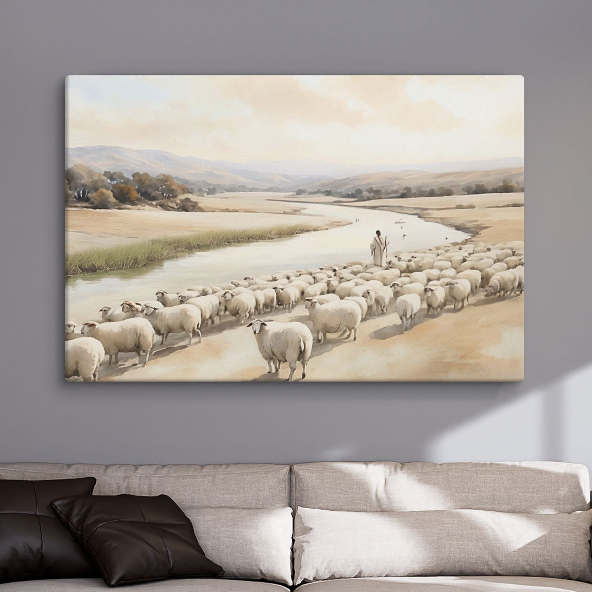 Jesus der Gute Hirte, Psalm 23 mit Schafeherde am Flussufer
