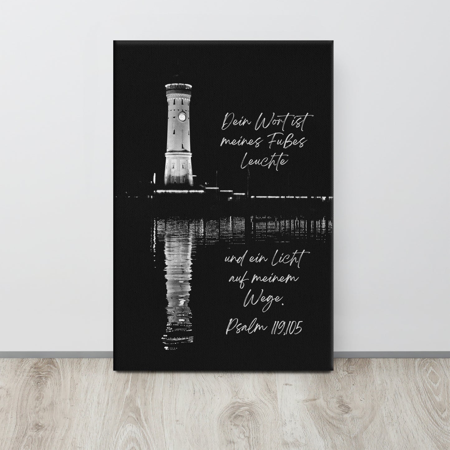 Leinwand „Dein Wort“, Psalm 119 – Leuchtturm Foto in Schwarz-Weiß