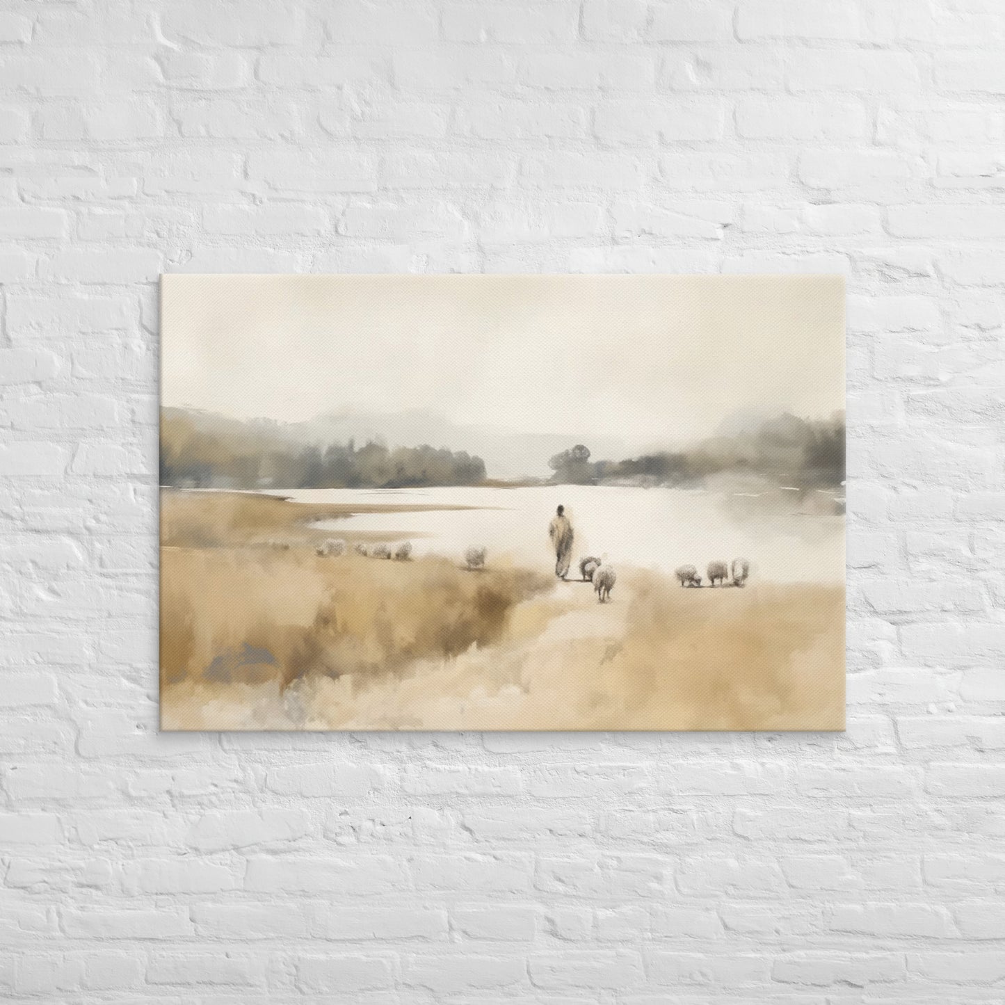 Der Gute Hirte mit Schafherde am See