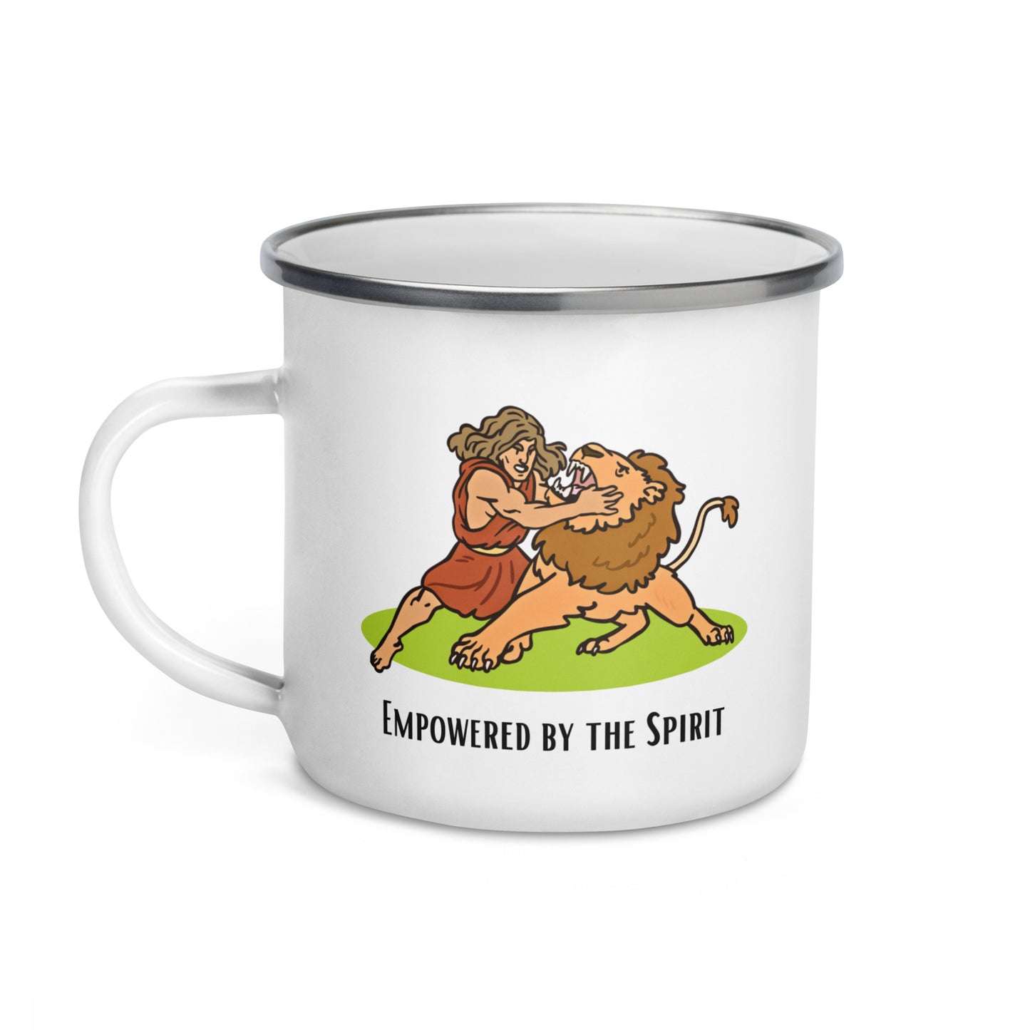 Bedruckte Emaille-Tasse für Kinder | Erfüllt vom Geist – Simson und der Löwe