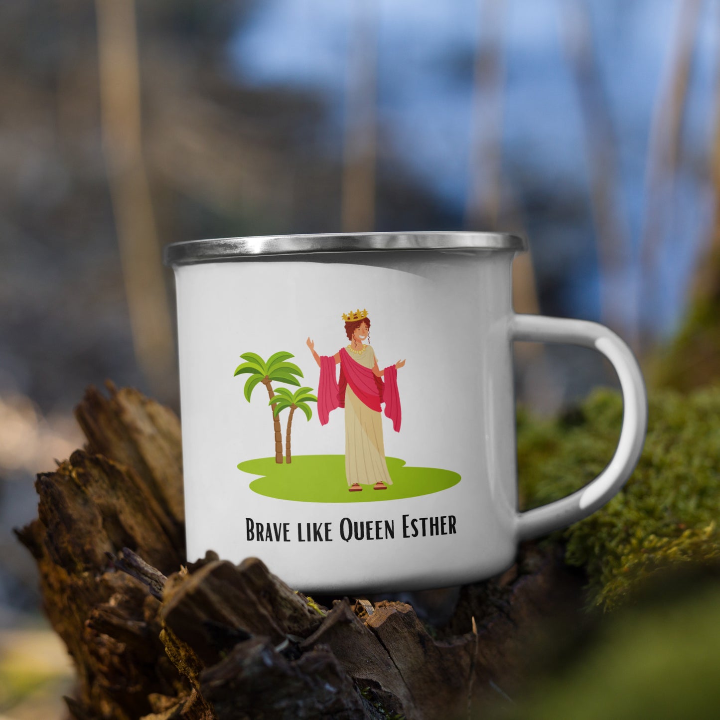 Emaille-Tasse für Kinder | Mutig wie Königin Esther, Palmen, Garten