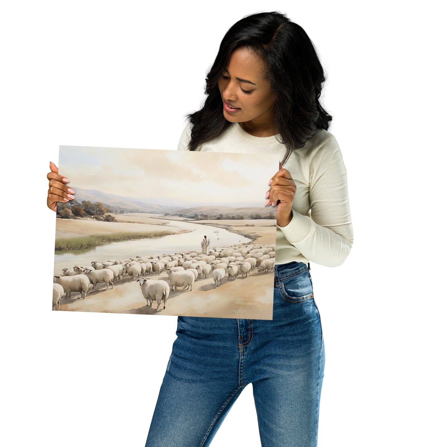 Der Gute Hirte, am Fluss | Aquarell | Poster - Psalm 23 - beige Farbtöne