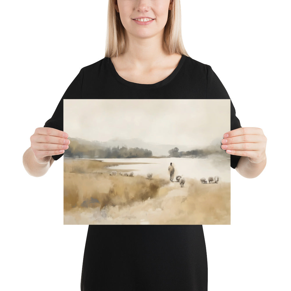 Der Gute Hirte, Aquarell | Poster, matt | Hirte mit Schafherde am See - Psalm 23
