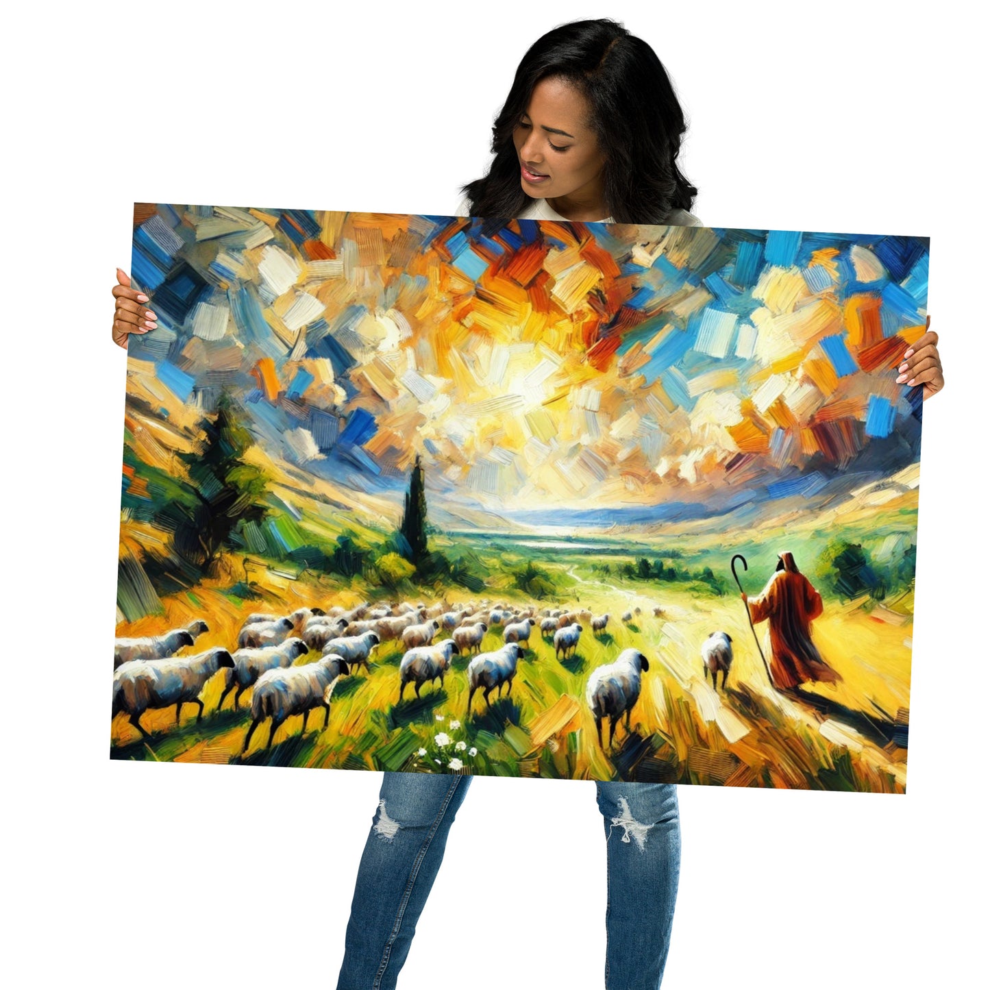 Der Gute Hirte - Poster, matt | Expressionistischer Stil | Hirte mit Schafen in beeindruckender Landschaft - Psalm 23