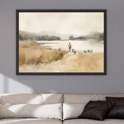 The Good Shepherd, watercolor | Poster, matt | Shepherd with flock of sheep at the lake