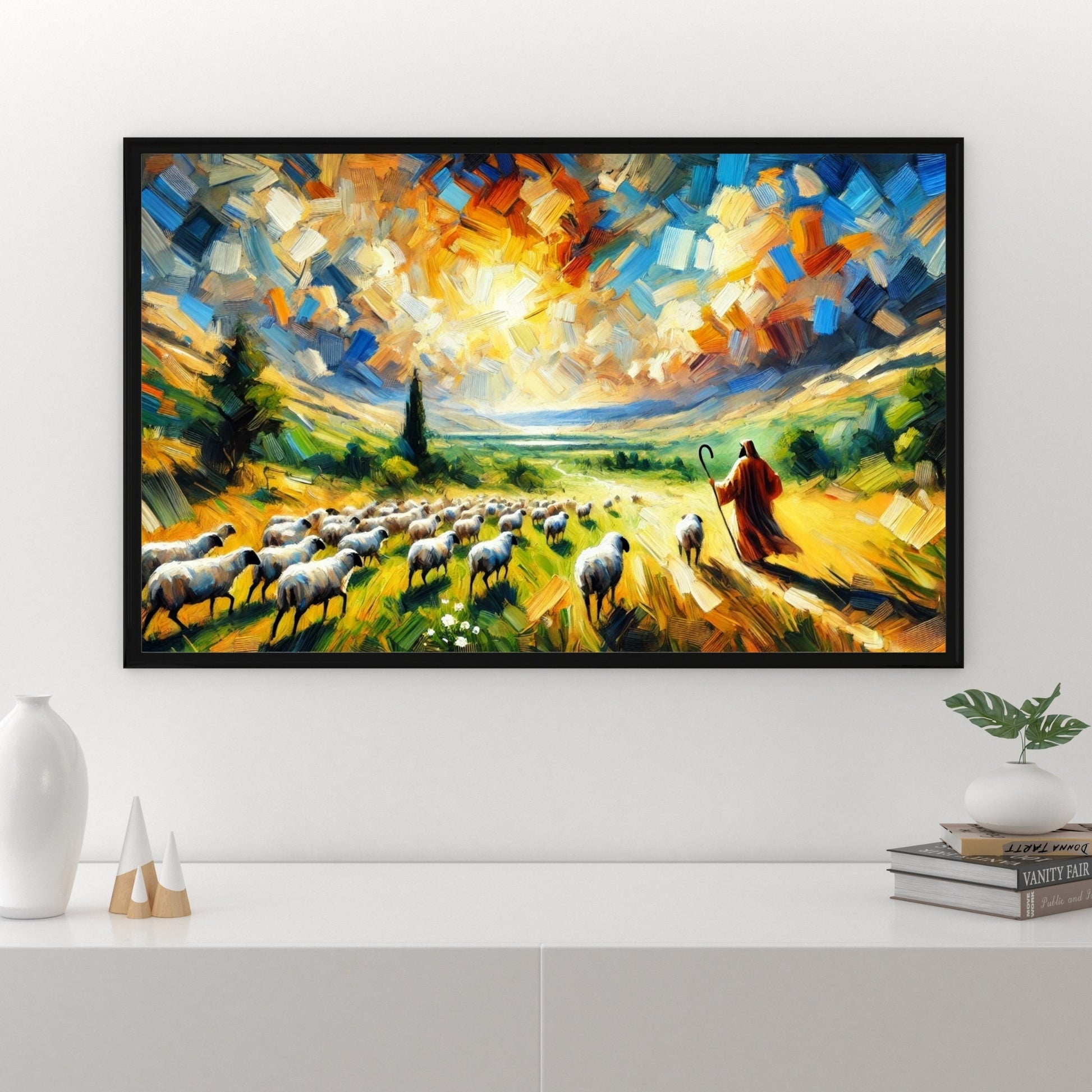 Der Gute Hirte - Poster, matt | Expressionistischer Stil | Hirte mit Schafen in beeindruckender Landschaft - Psalm 23