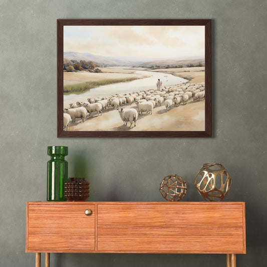 The Good Shepherd, watercolor | Poster, matt - Psalm 23 | Shepherd with flock of sheep by the river