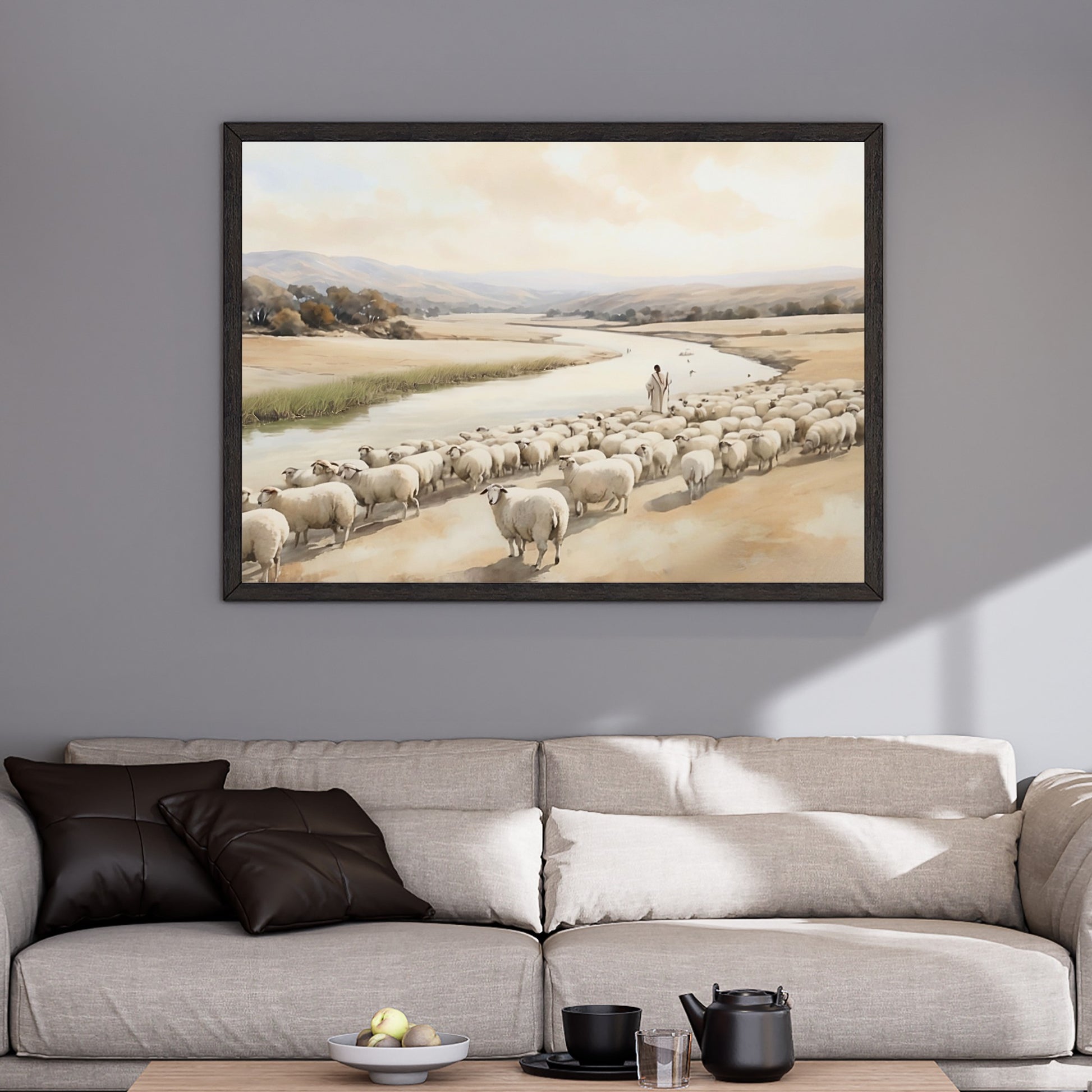 Der Gute Hirte, am Fluss | Aquarell | Poster - Psalm 23 - beige Farbtöne