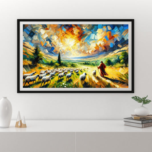 The Good Shepherd - Poster, matt | Expressionist style | Shepherd with sheep in impressive landscape