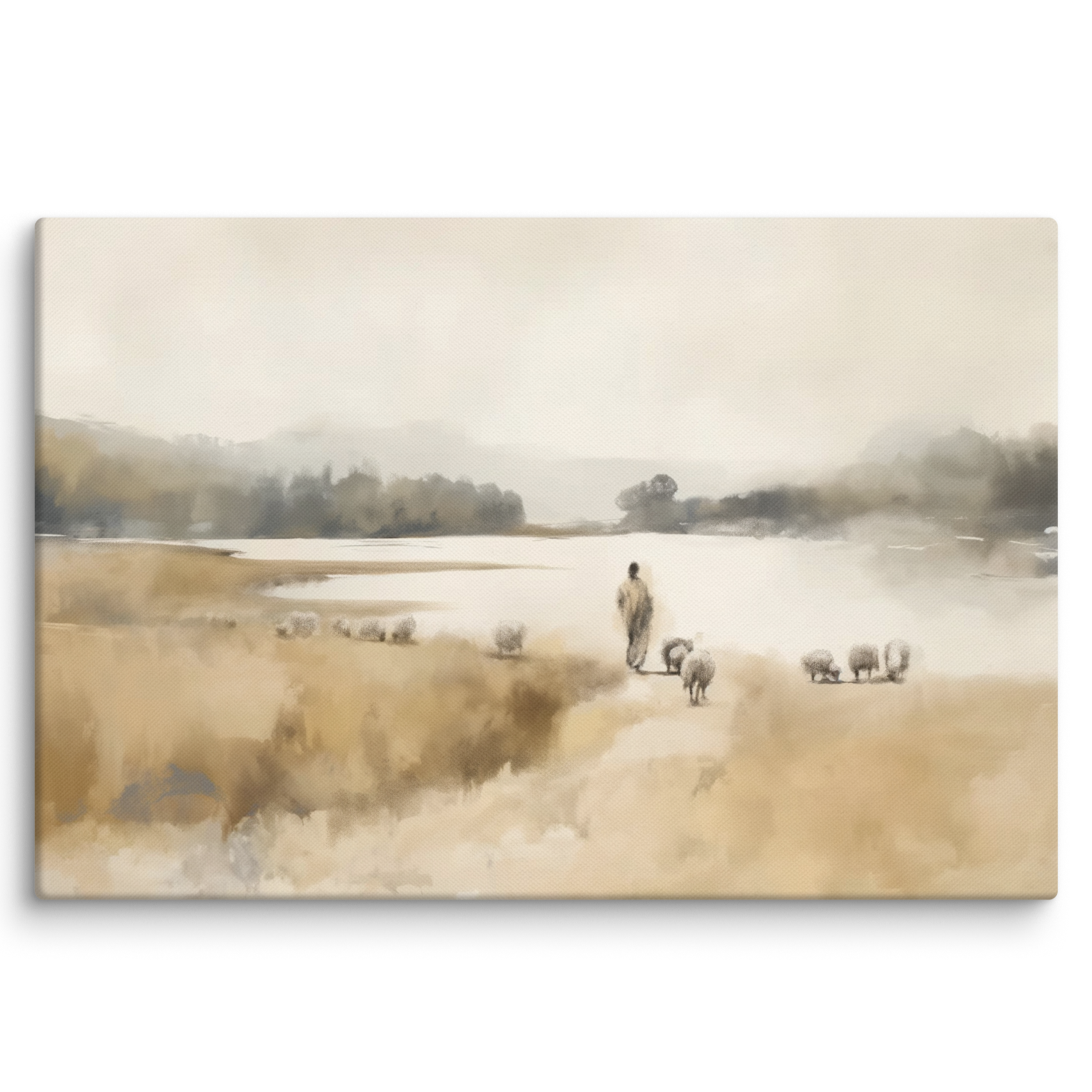 Der Gute Hirte mit Schafherde am See - Leinwand - Psalm23