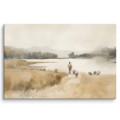 Der Gute Hirte mit Schafherde am See - Leinwand - Psalm23