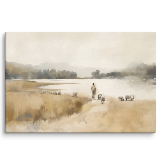 Der Gute Hirte mit Schafherde am See - Leinwand - Psalm23