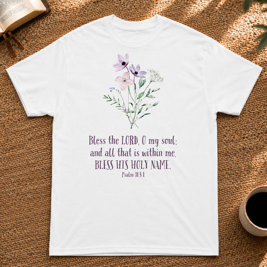 Floral Design Bible verse from Psalm 103:1 | Ladys T-Shirt