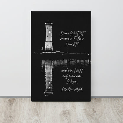 Leinwand „Dein Wort“, Psalm 119 – Leuchtturm Foto in Schwarz-Weiß