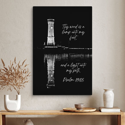 Toile « Ta Parole », Psaume 119 – Phare en noir et blanc