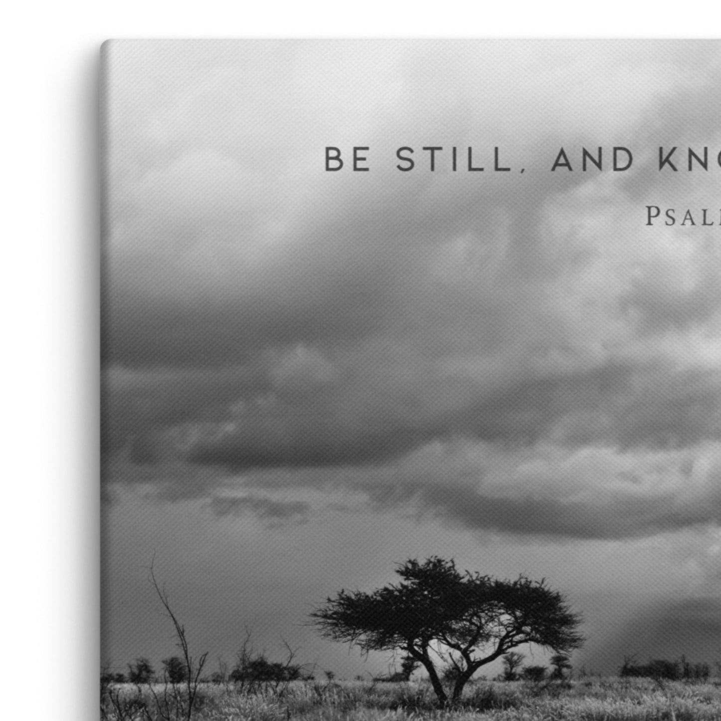 Seid still – Dramatische Wolken über Savanne – Fine Art Leinwand mit Psalm 46:11