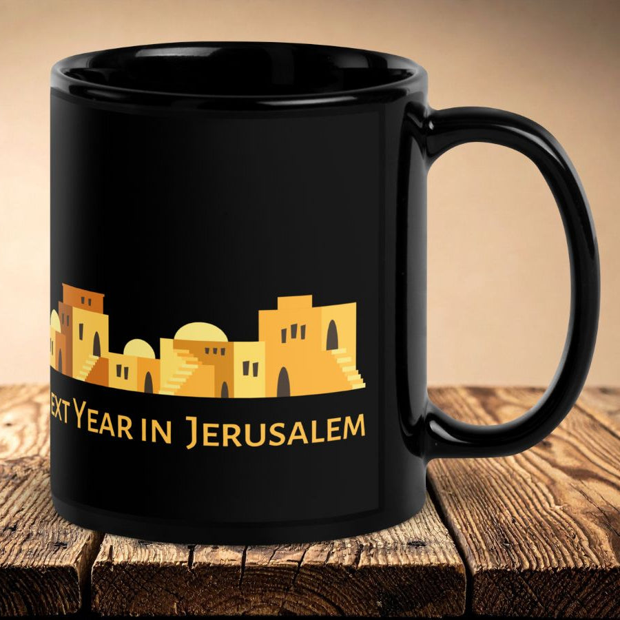 Next Year in Jerusalem - Schwarze Keramiktasse | Goldene Skyline der Jerusalemer Altstadt - Segensspruch an Pessach und Yom Kippur