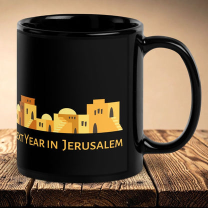 Next Year in Jerusalem - Schwarze Keramiktasse | Goldene Skyline der Jerusalemer Altstadt - Segensspruch an Pessach und Yom Kippur