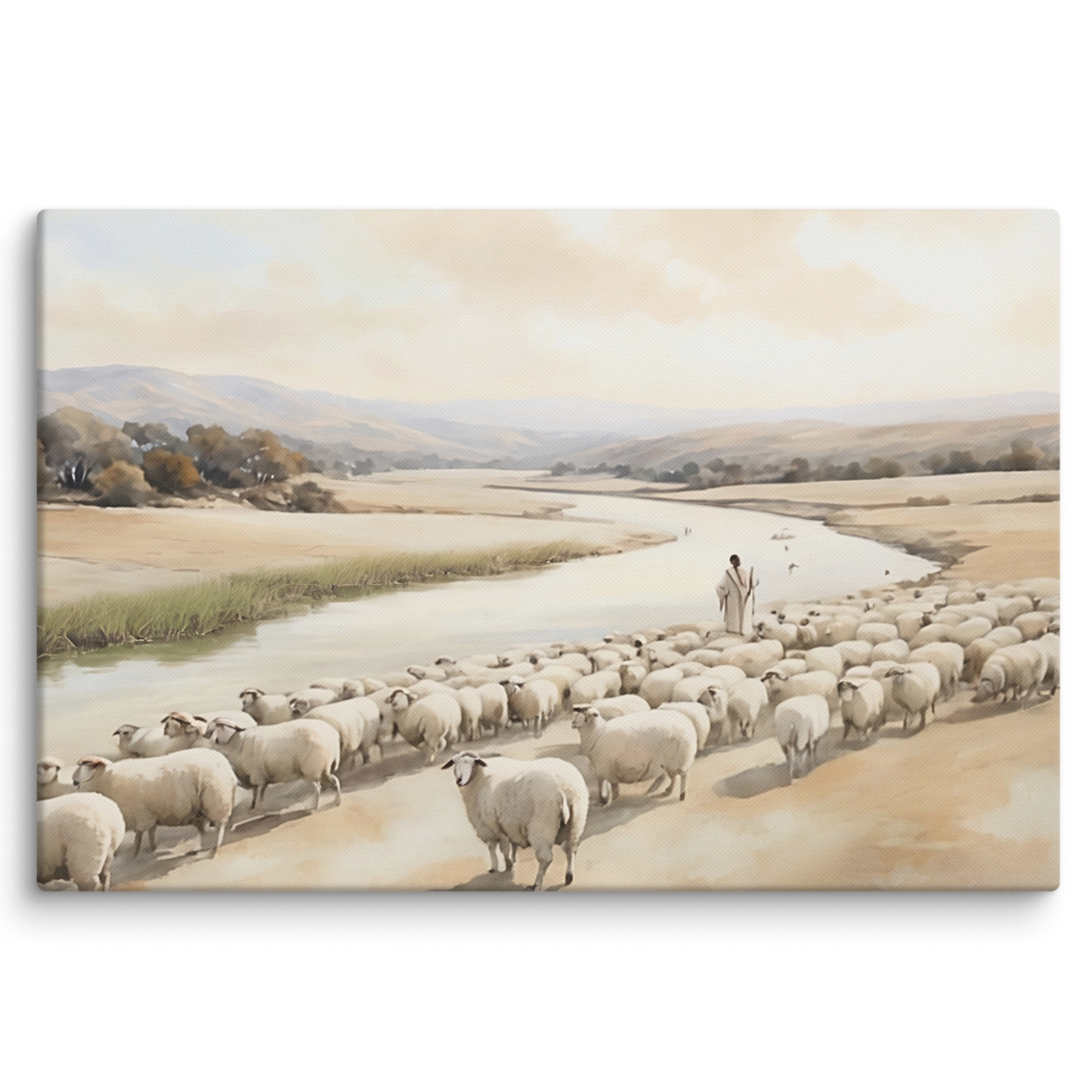 Jesus der Gute Hirte, Psalm 23 mit Schafeherde am Flussufer