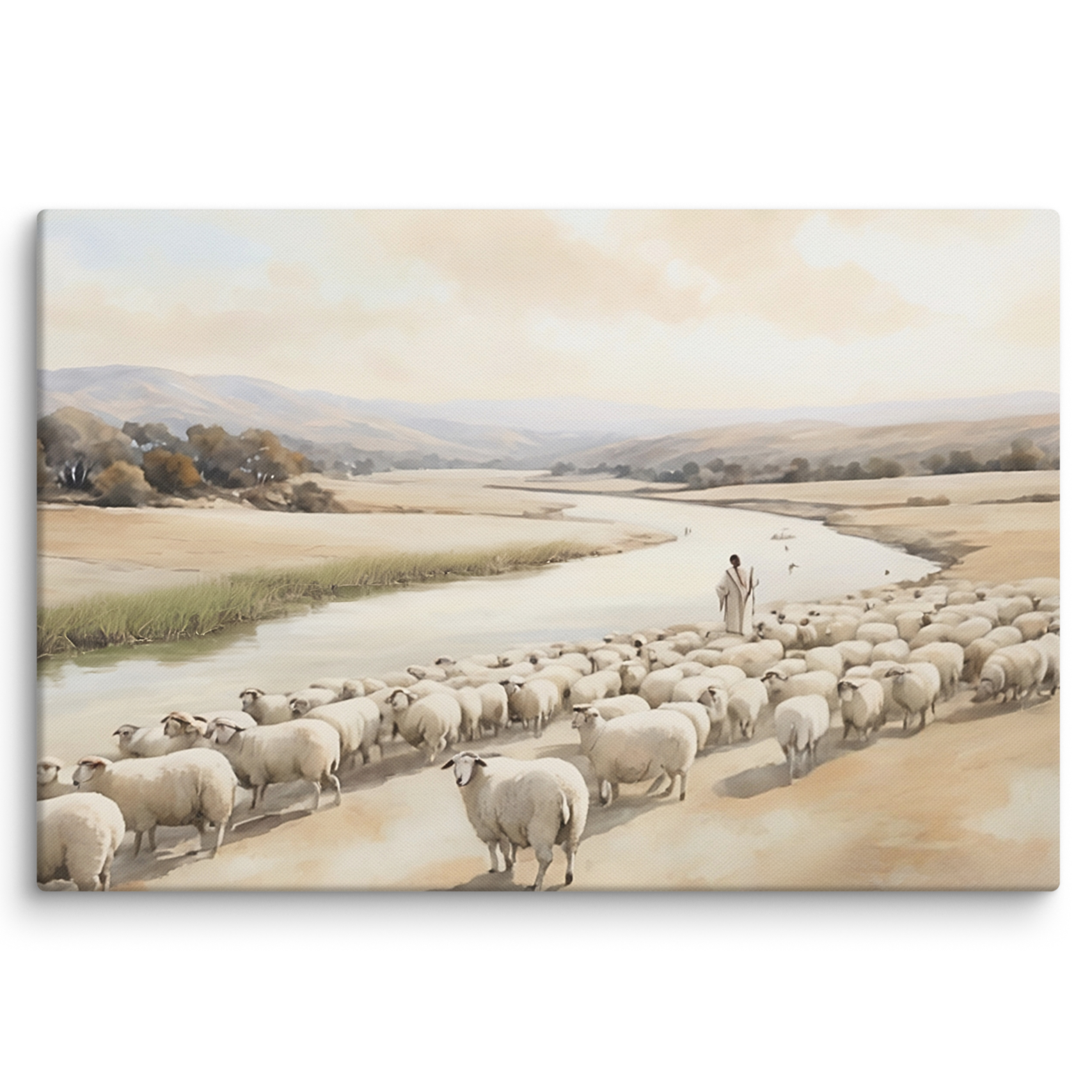 Jesus der Gute Hirte, Psalm 23 mit Schafeherde am Flussufer