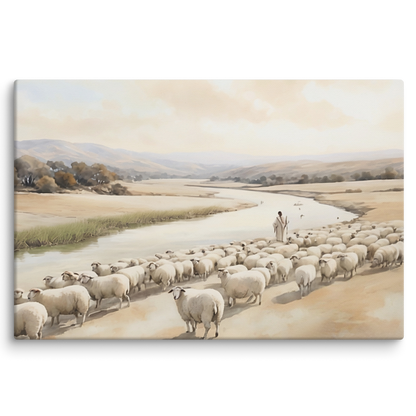 Jesus der Gute Hirte, Psalm 23 mit Schafeherde am Flussufer