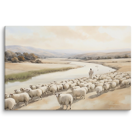 Jesus der Gute Hirte, Psalm 23 mit Schafeherde am Flussufer