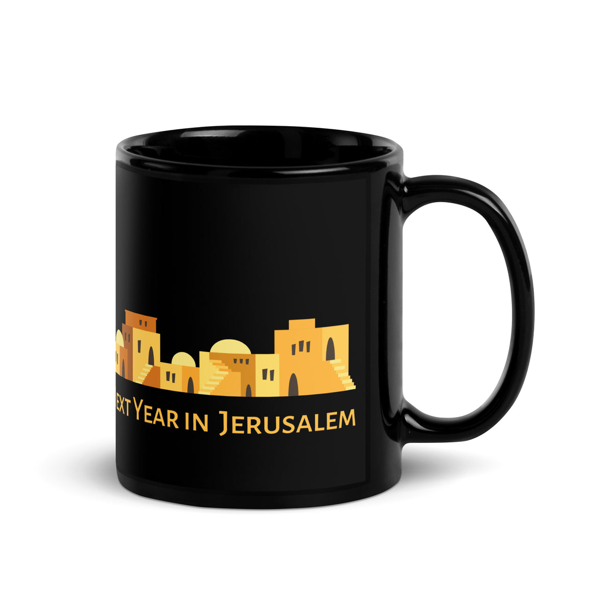 Next Year in Jerusalem - Schwarze Keramiktasse | Goldene Skyline der Jerusalemer Altstadt - Segensspruch an Pessach und Yom Kippur