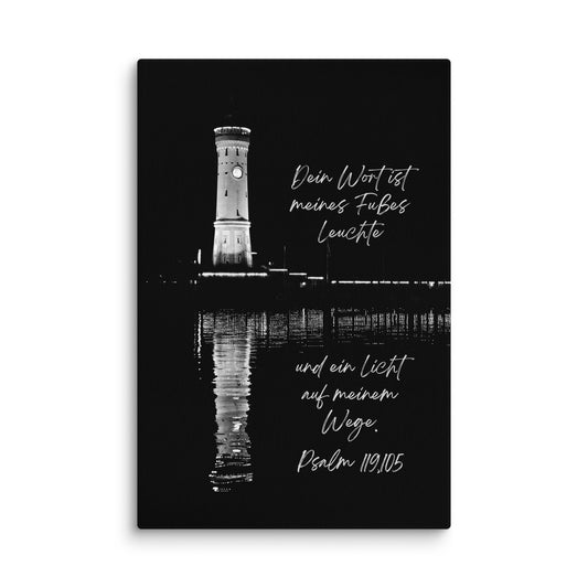 Leinwand „Dein Wort“, Psalm 119 – Leuchtturm Foto in Schwarz-Weiß