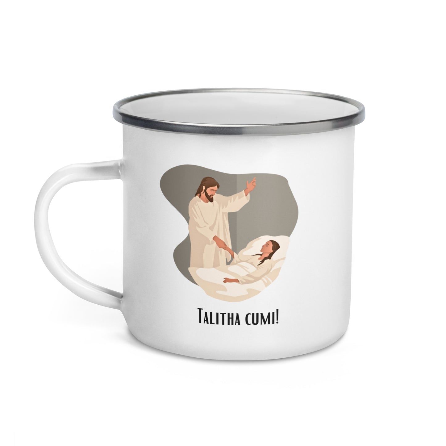 Bedruckte Emaille-Tasse für Kinder | Talita kumi – Mädchen, steh auf