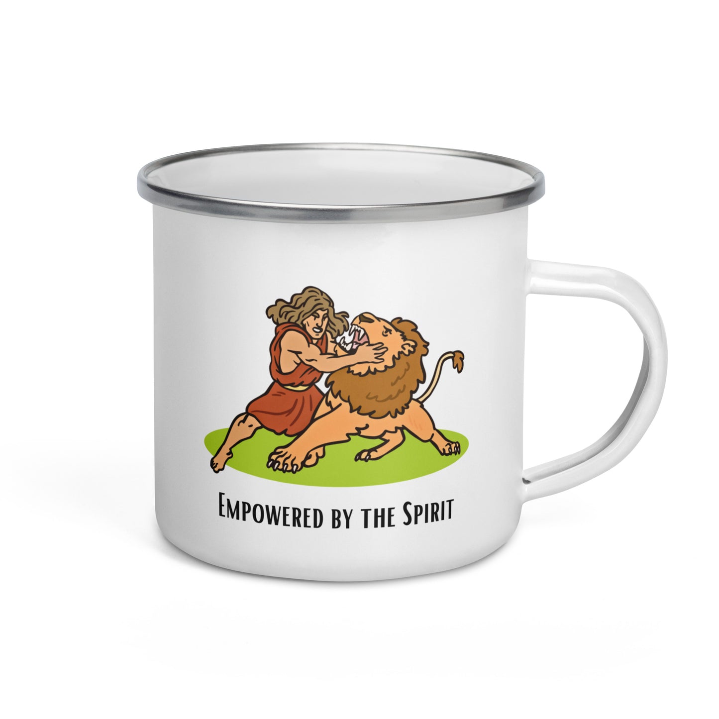 Bedruckte Emaille-Tasse für Kinder | Erfüllt vom Geist – Simson und der Löwe