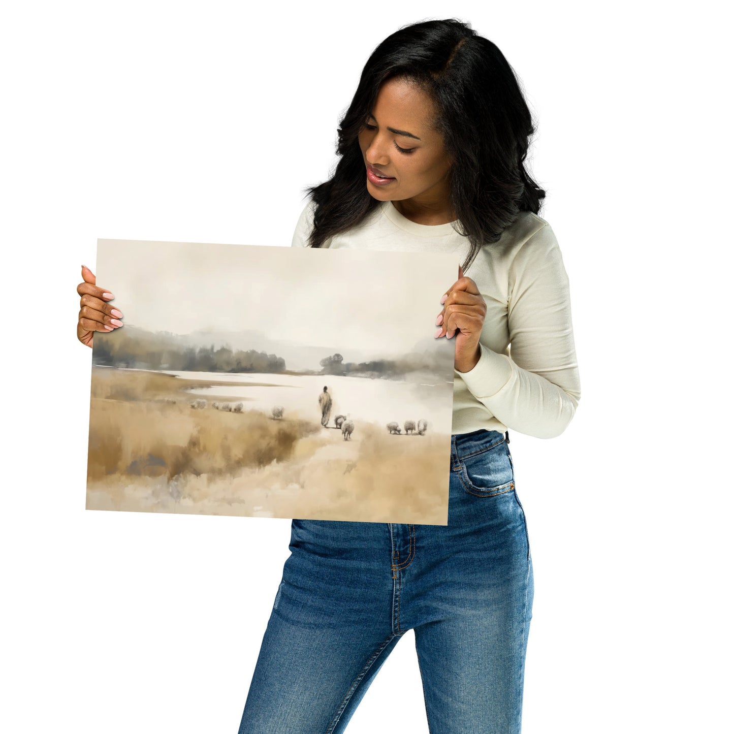 The Good Shepherd, watercolor | Poster, matt | Shepherd with flock of sheep at the lake